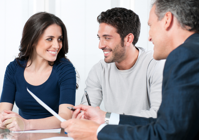 businessman chatting with smiling customers