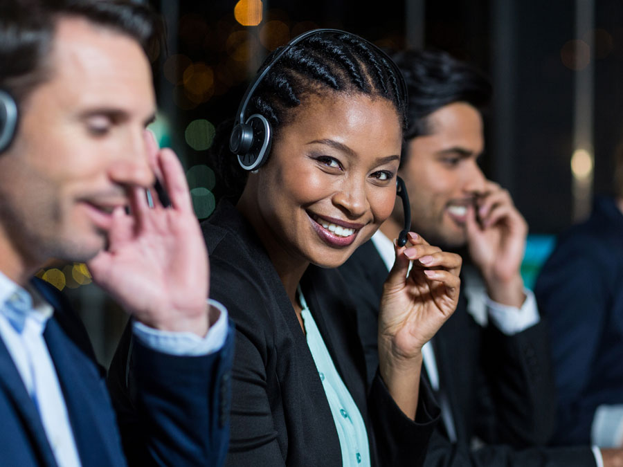 busy diverse call center team