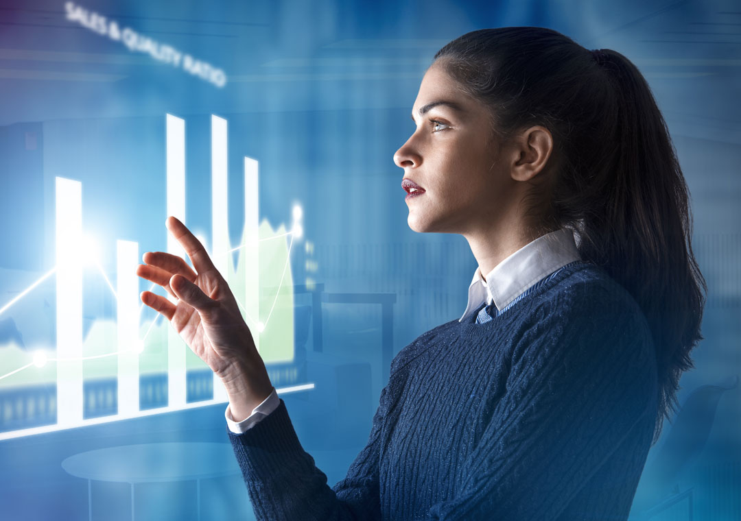 call center ops manager analyzing projected stats figures