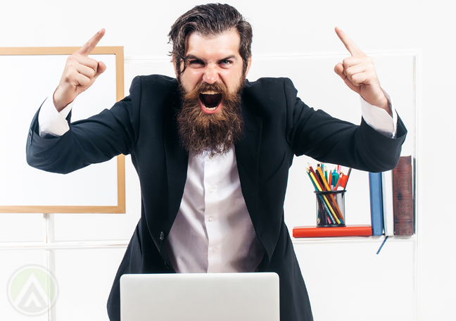 outraged businessman with bear waving hands in air