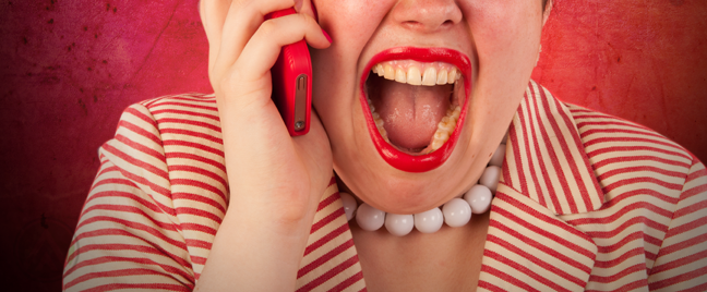 woman in red screaming at telephone background