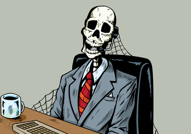 dead customer service rep in call center skeleton cobwebs