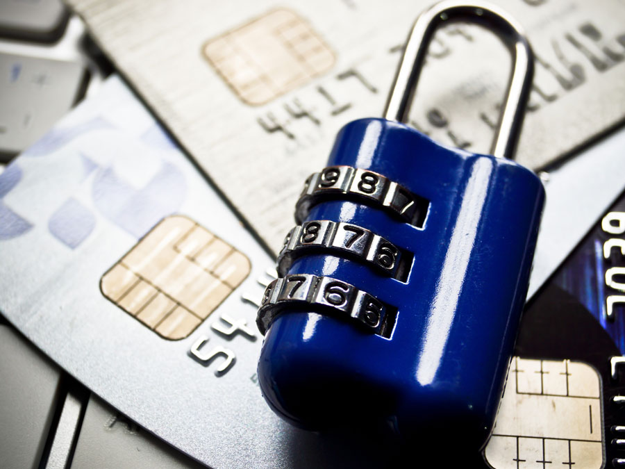 data security depiction GDPR blue padlock on credit cards