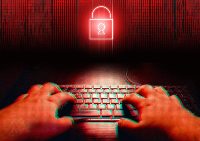 red shade hand typing with digital padlock showing cybersecurity