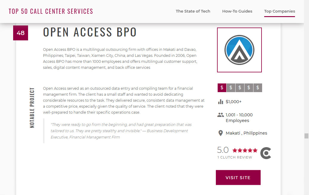 Open Access BPO on Clutch The Manifest