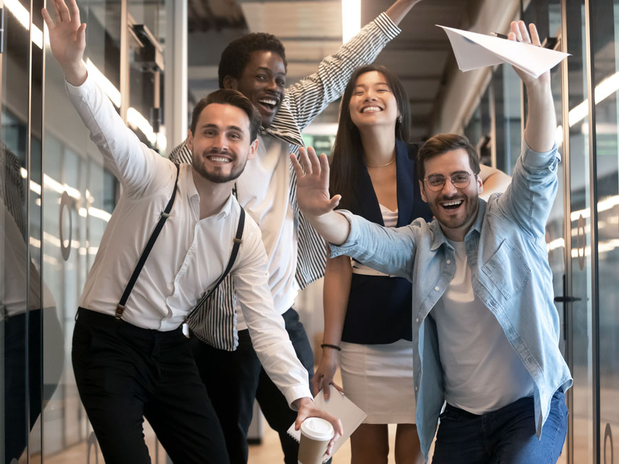 diverse workplace coworkers having fun in call center office