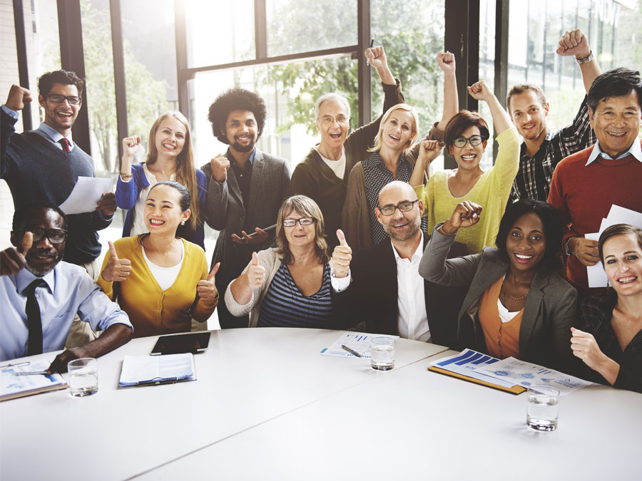 workplace diversity call center agents in colorful team photo