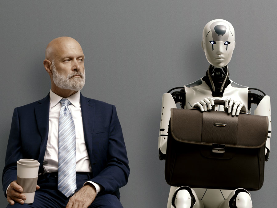 content moderation services depiction man vs machine human employee sitting with android robot