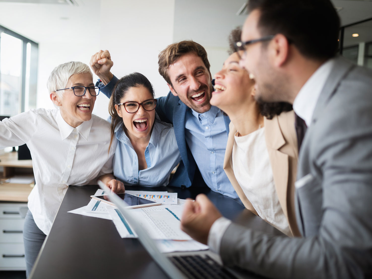 Call Center Agent Experience depiction excited happy team leader in meeting with fun customer support team