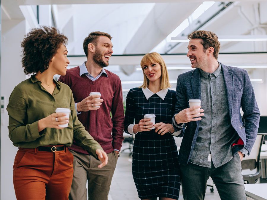 call center recruitment strategies coworkers happy in cx office having coffee