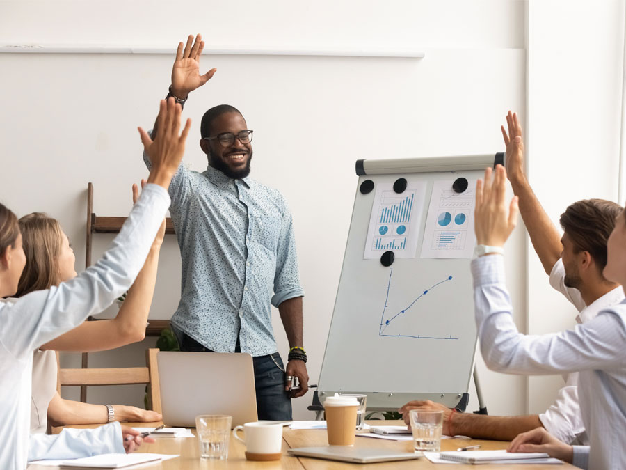 call center training employees team leader raising hands