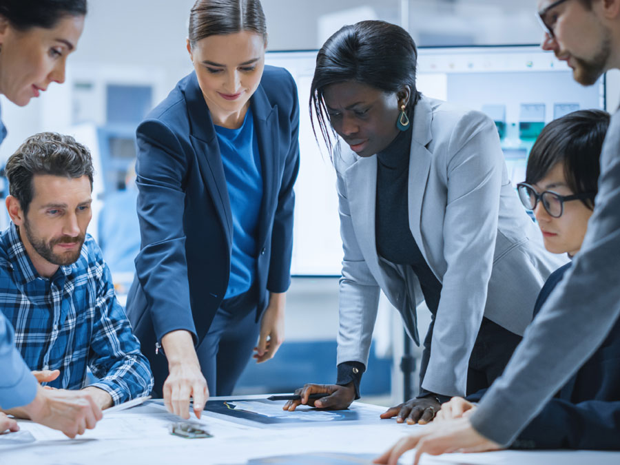 customer experience team discussing customer support list during business meeting in call center