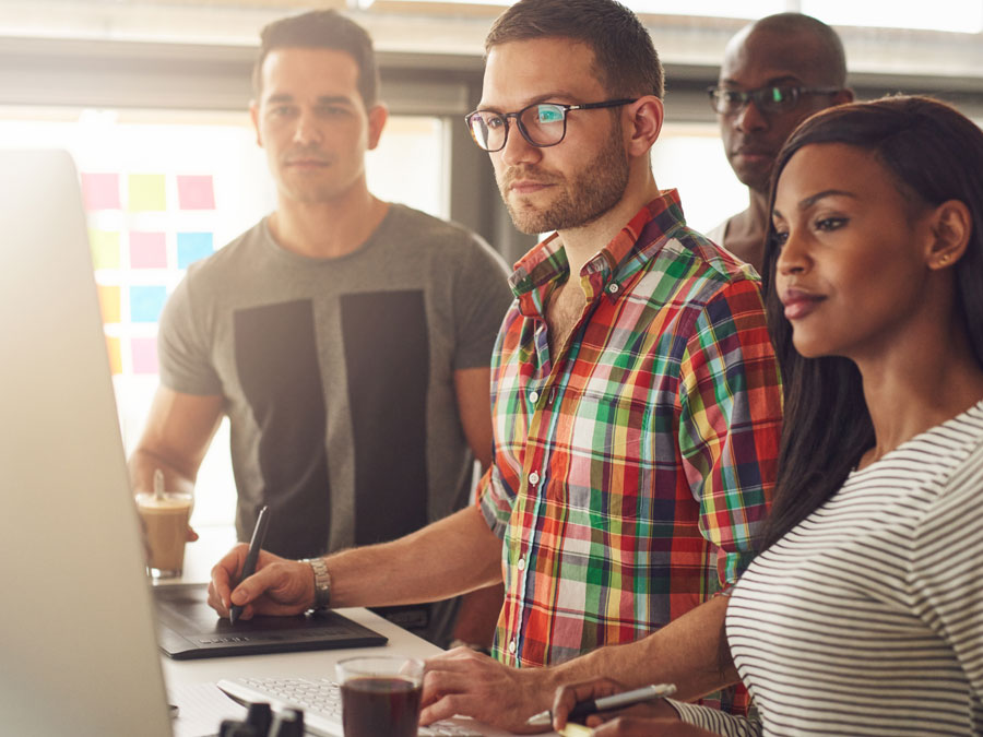 customer support team analyzing call center figured on computer monitor