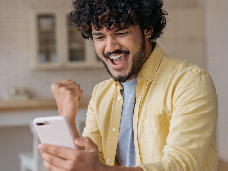 delightful customer experience depictions excited man speaking with brand hotline