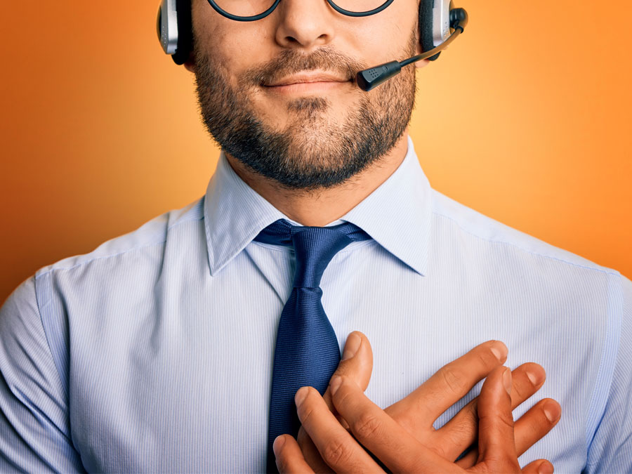 emotional intelligence depiction call center agent holding chest