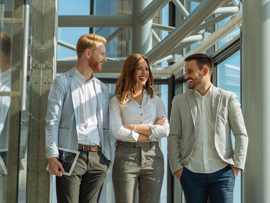 employee self-care depiction customer service agents coworkers having light conversation