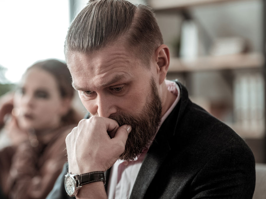 great leadership depiction worried anxious businessman hands on table