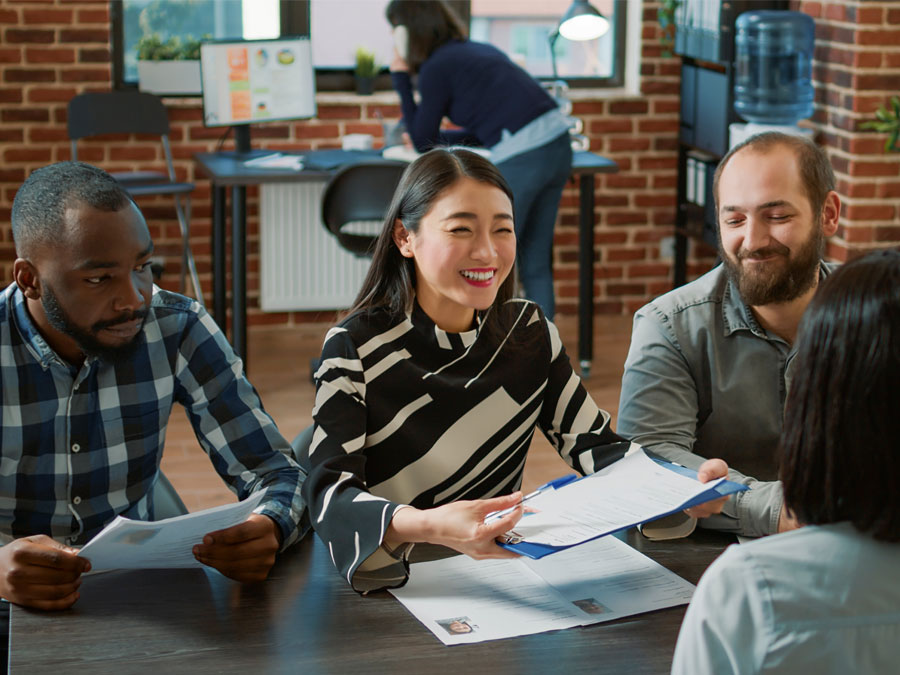 inclusive hiring depiction diverse call center team interviewing customer service job applicant