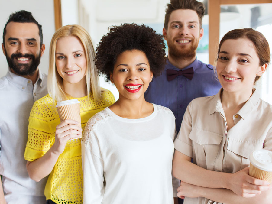 young contact center agents in bright clothes during coffee break