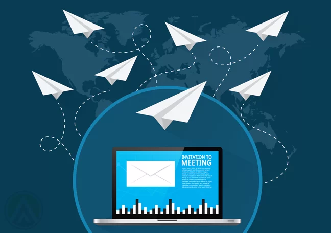laptop with letter envelope flying paper airplanes across world map