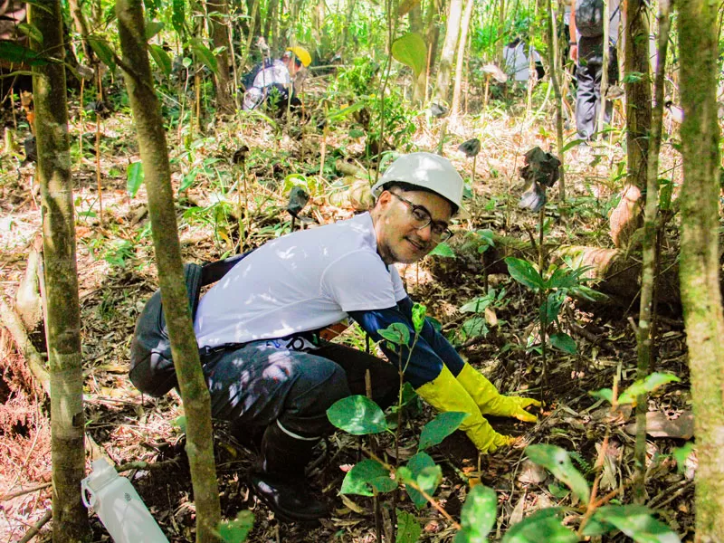An Open Access employee volunteer smiles while planting a native tree sapling during the Plant It Forward drive.